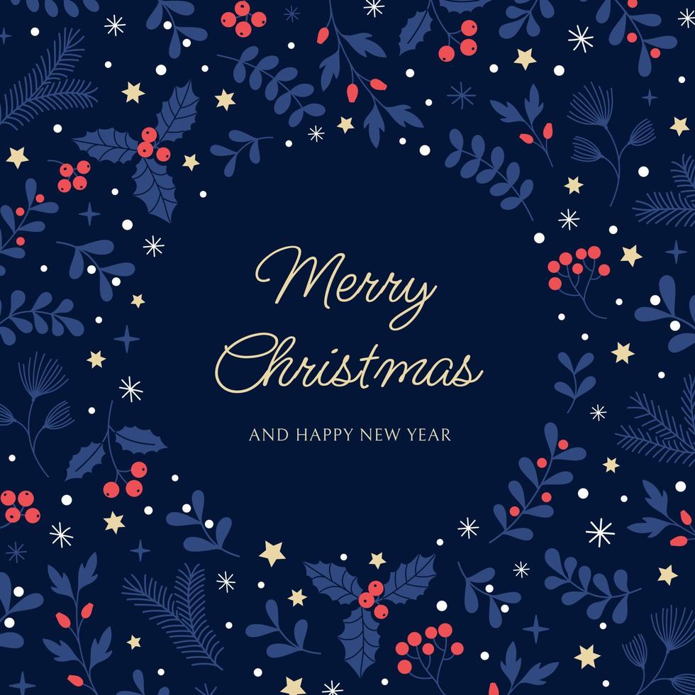 Kerstmis groet kaart met hand- getrokken decoratief elementen, hulst, sneeuwvlokken, maretak. modern vector schattig vlak illustratie.