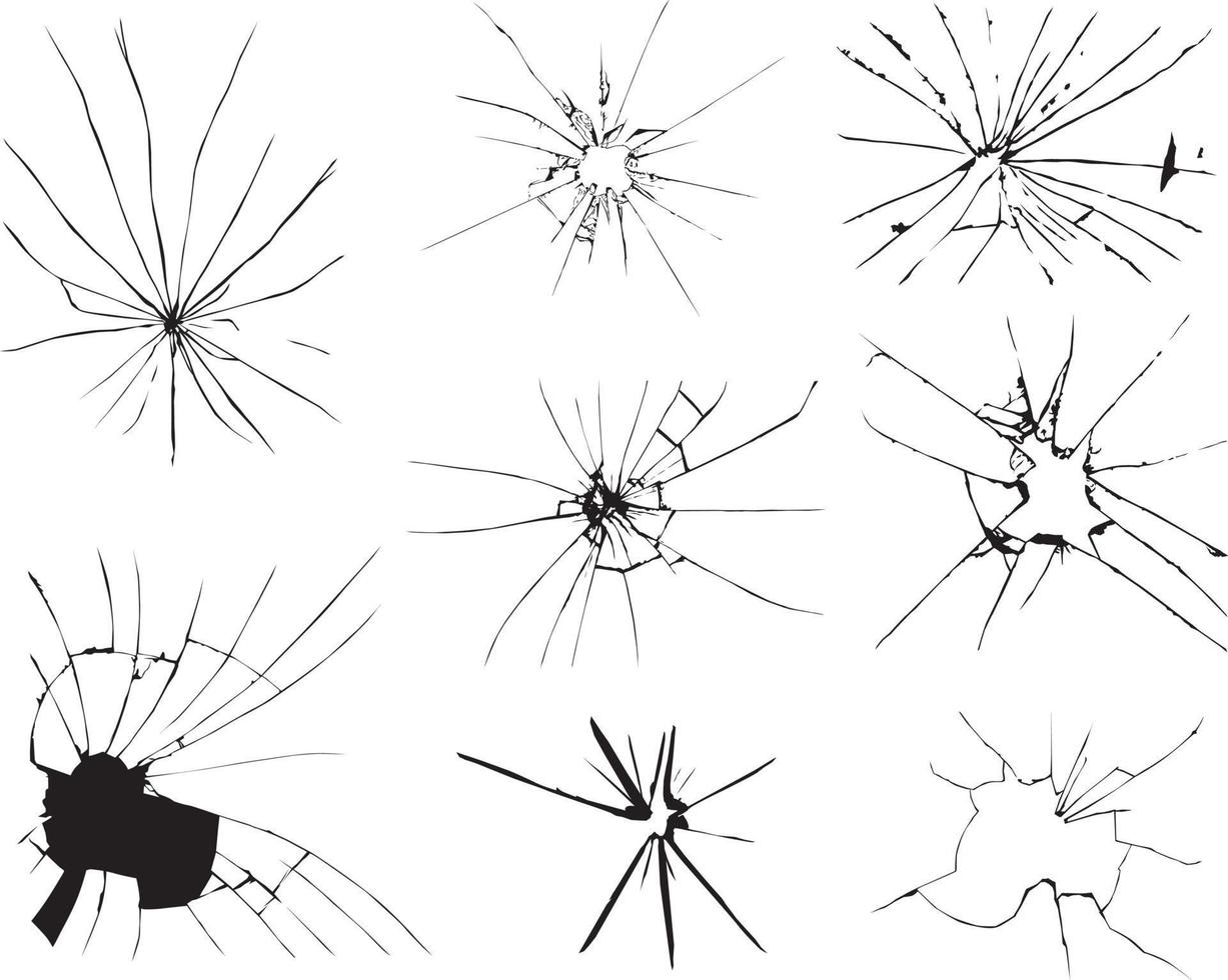 gebarsten glas, gebroken venster, en breken voorruit glas structuur silhouet reeks vector