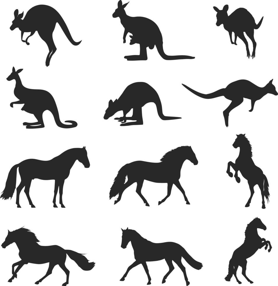 paard en kangoeroe silhouet vector