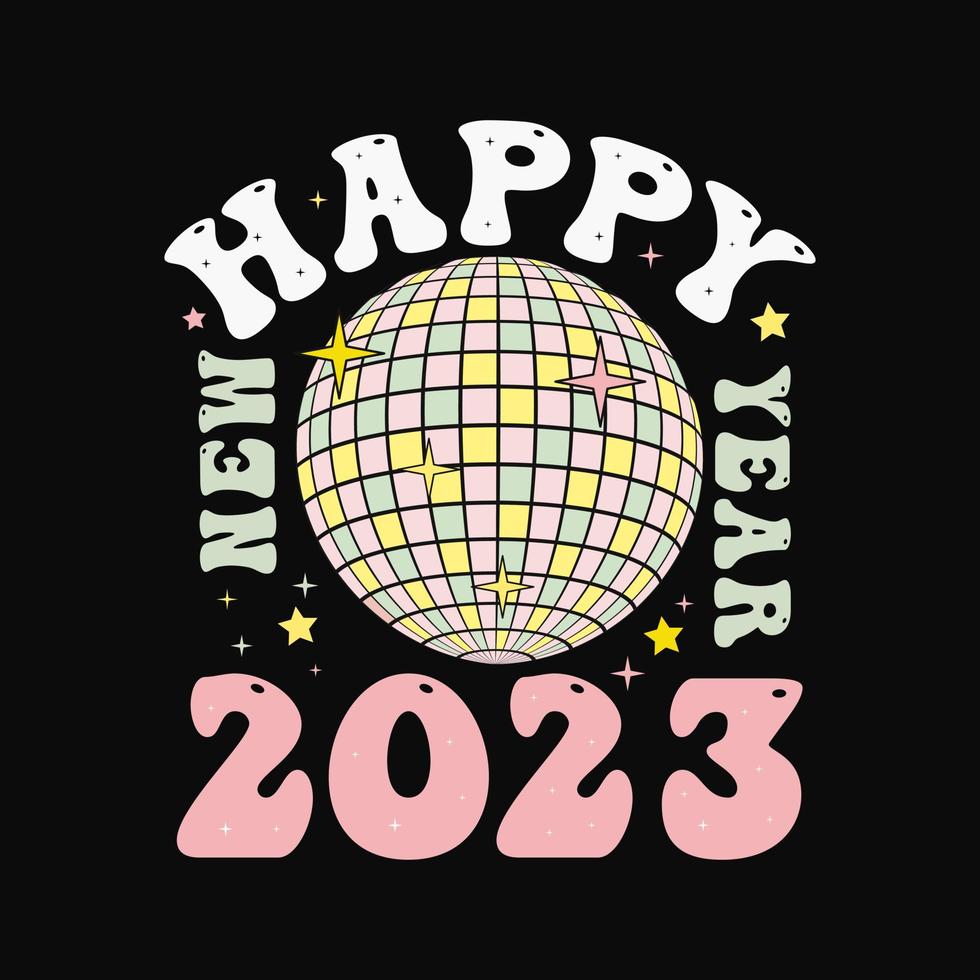 retro groovy gelukkig nieuw jaar 2023 met feestelijk. belettering samenstelling met sterren en schittert. vector illustratie. donker achtergrond. vakantie decoratief elementen. felicitatie