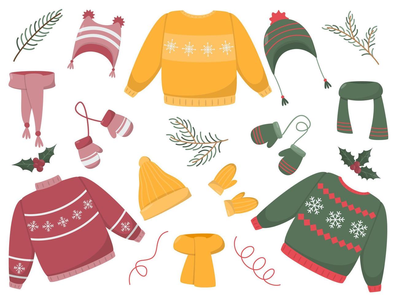 vector winter kleren set, lelijk trui, sjaal, hoed, wanten. nieuw jaar en kerstmis. vector illustracion
