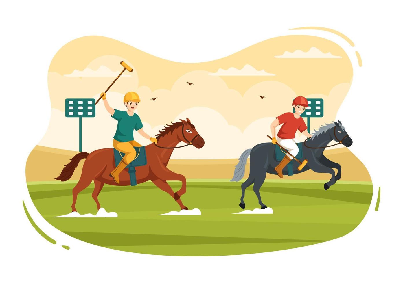 polo paard sport- met speler rijden paard en Holding stok gebruik uitrusting reeks in vlak tekenfilm poster hand- getrokken sjabloon illustratie vector