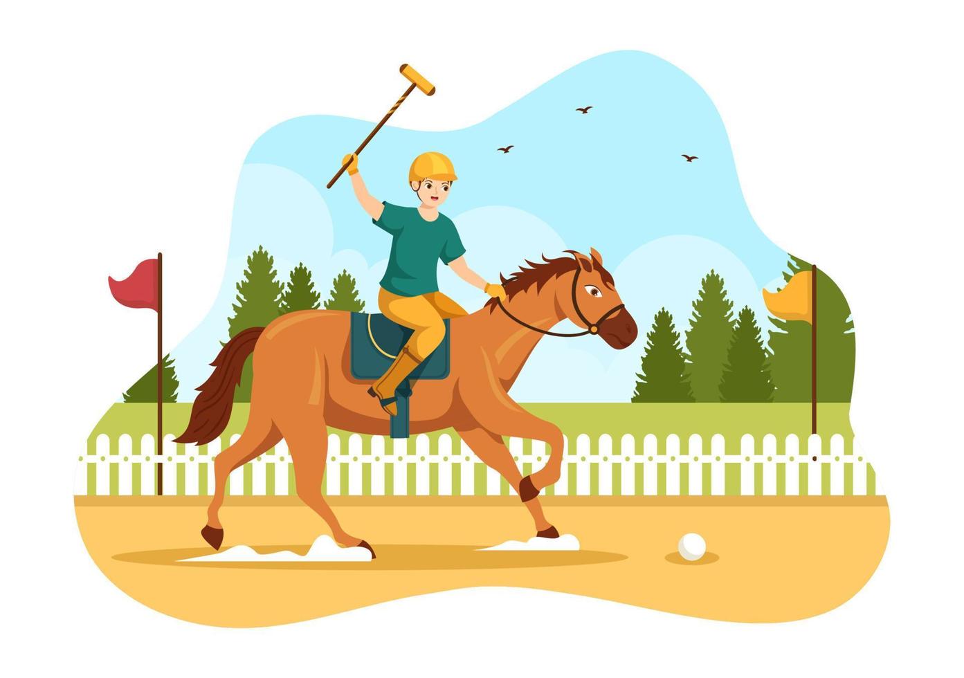 polo paard sport- met speler rijden paard en Holding stok gebruik uitrusting reeks in vlak tekenfilm poster hand- getrokken sjabloon illustratie vector