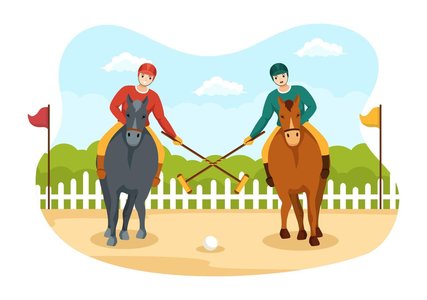 polo paard sport- met speler rijden paard en Holding stok gebruik uitrusting reeks in vlak tekenfilm poster hand- getrokken sjabloon illustratie vector