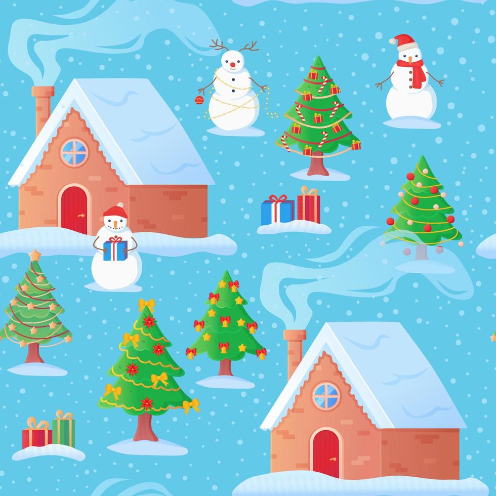 Kerstmis sneeuw stad- huizen in de Kerstmis bomen naadloos patroon. vallend sneeuw, sneeuwman in de kerstman claus hoed, geschenken, rook van de chomney. schattig tekenfilm achtergrond. vector