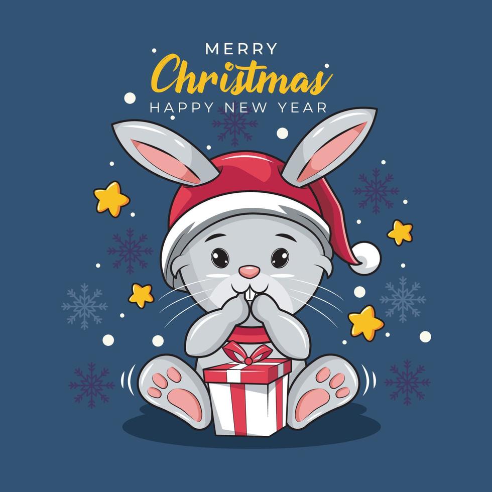 vrolijk Kerstmis en gelukkig nieuw jaar met schattig konijn en cadeaus vector illustratie vrij downloaden