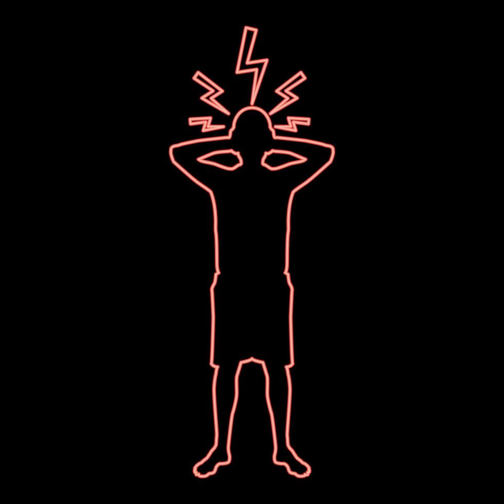 neon Mens Holding hand- in de buurt hoofd met bliksem blikseminslag concept probleem probleem mensen silhouet rood kleur vector illustratie beeld vlak stijl