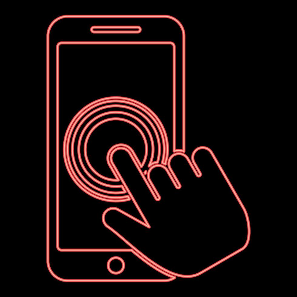 neon Klik Aan tintje scherm smartphone modern smartphone met hand- klikken Aan scherm vinger Klik Aan mobiel telefoon actie in apps mobiele telefoon gebruik makend van telefoon rood kleur vector illustratie beeld vlak