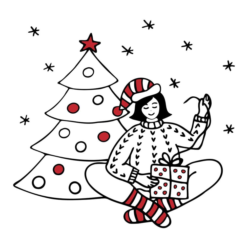tekening illustratie meisje opent Kerstmis geschenk. vector illustratie