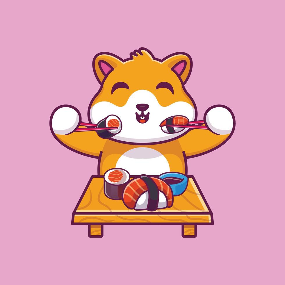 schattig hamster aan het eten sushi met eetstokjes tekenfilm icoon illustratie vector