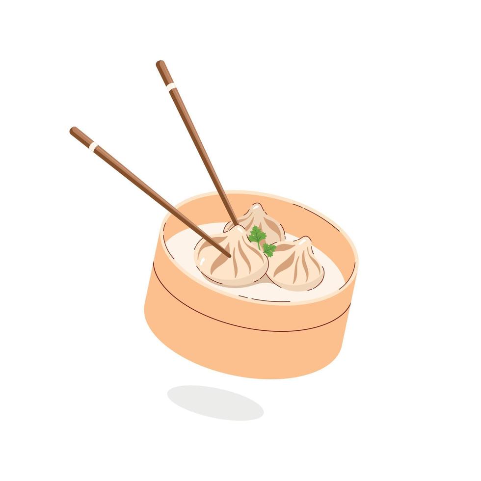 Aziatisch voedsel, Ciao lang bah, gestoomd Chinese broodjes in een bamboe mand Aan wit achtergrond. vector illustratie