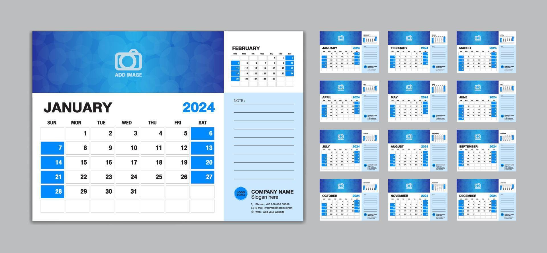 bureau kalender 2024 sjabloon reeks vector, week begint zondag, reeks van 12 maand, creatief kalender 2024 jaar, muur kalender 2024, planner, bedrijf sjabloon, briefpapier, het drukken media, advertentie vector