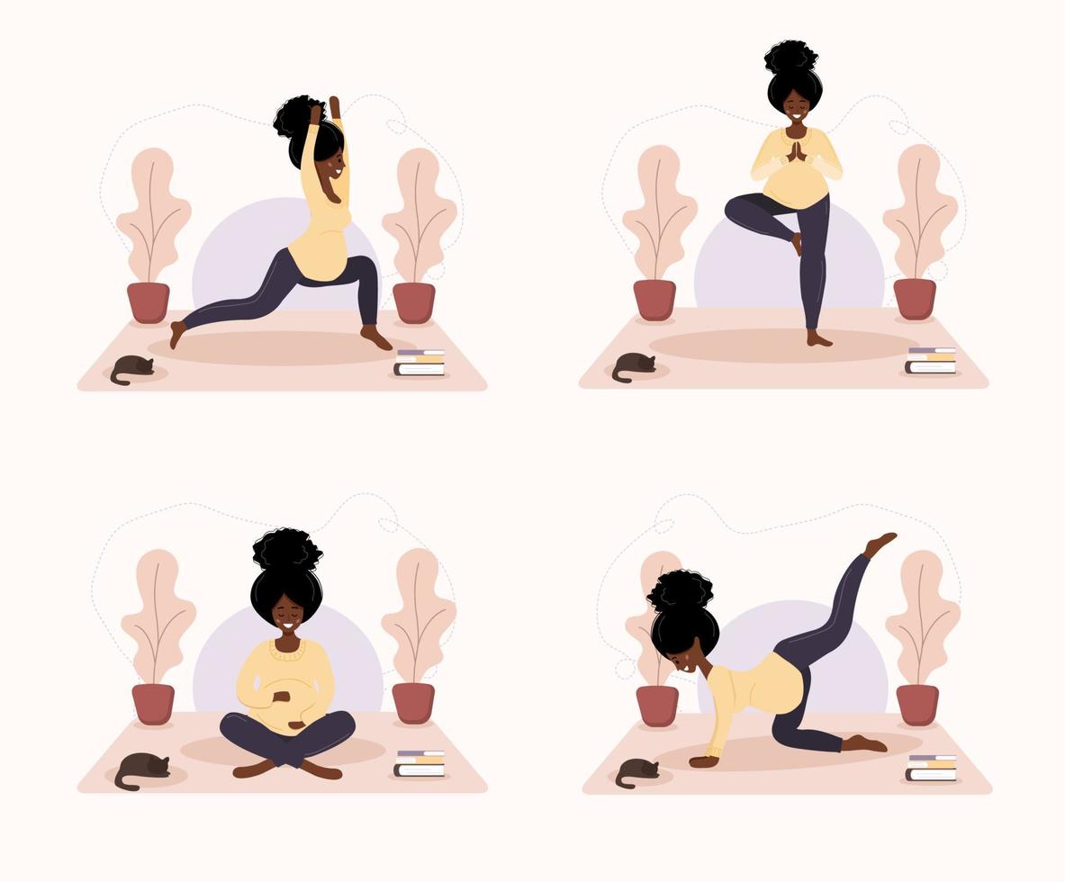 verzameling van Afrikaanse zwanger Dames aan het doen yoga, hebben gezond levensstijl en ontspanning. bundel van opdrachten voor meisjes. modern vector illustratie in vlak stijl. gelukkig zwangerschap concept achtergrond.