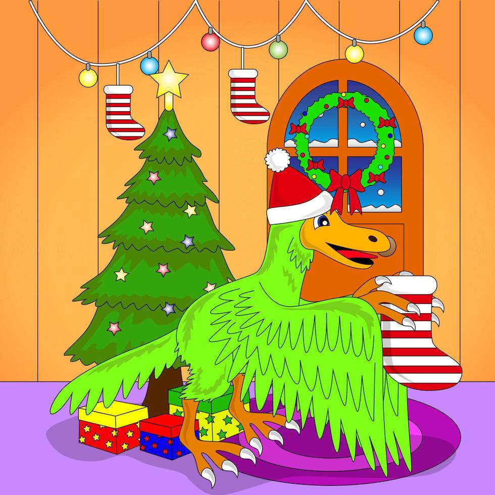 dinosaurus zetten Aan Kerstmis sokken, huis tafereel, Kerstmis geschenken, vector, eps 10, bewerkbare vector