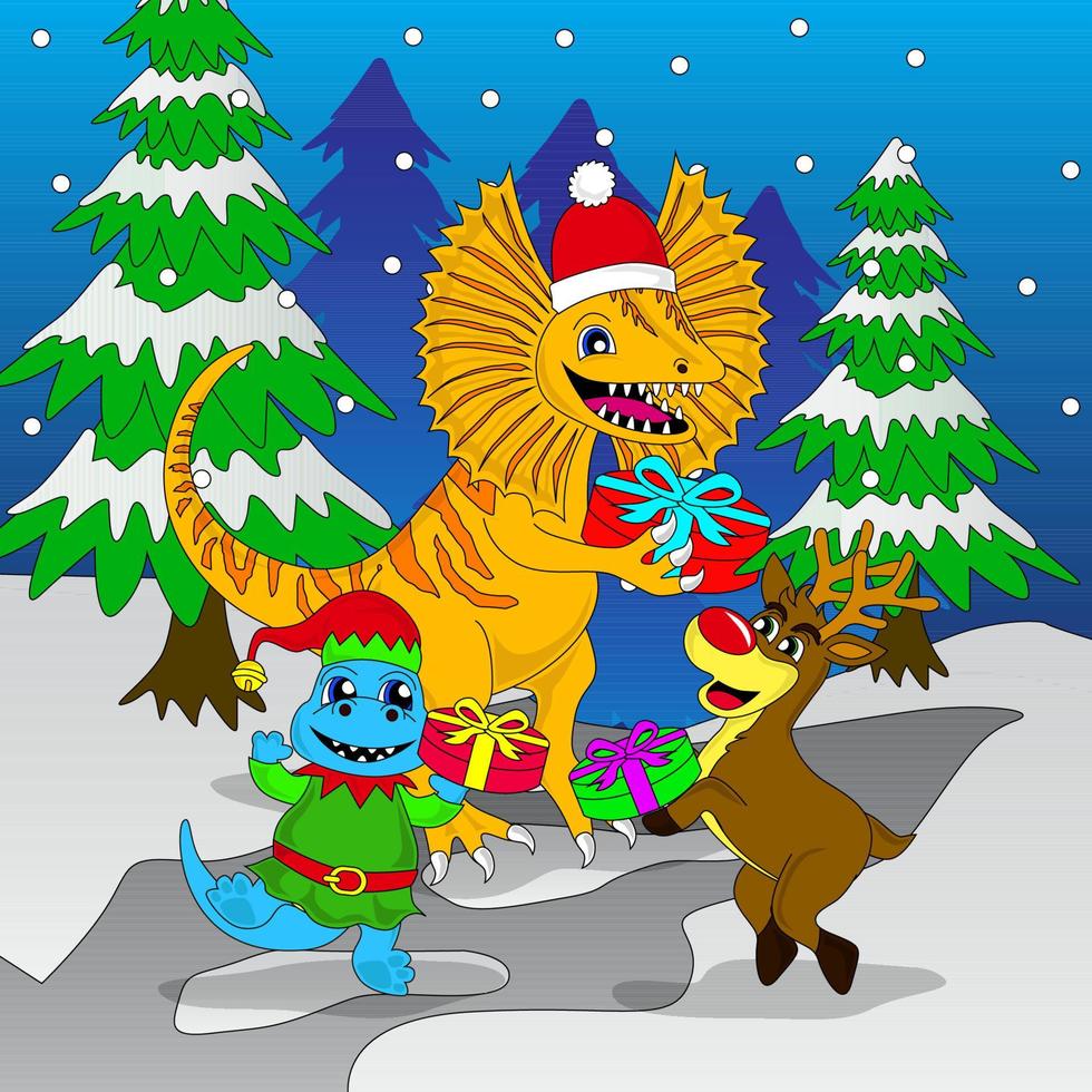 dinosaurus spelen met elfen en rendier Aan Kerstmis vooravond, vector, eps 10, bewerkbare vector