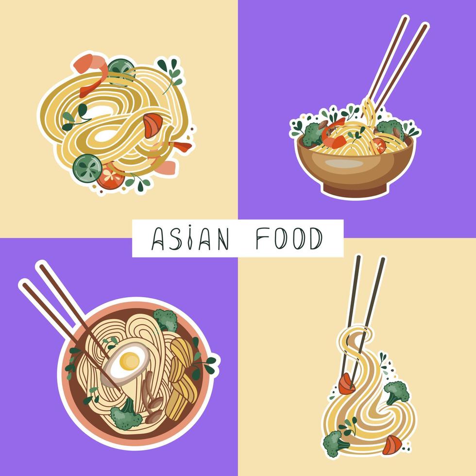 vergelijkbaaraziatisch voedsel stickers. udon of ramen soep. noedels en rijst- met zeevruchten. geschikt voor restaurant spandoeken, logo's, en snel voedsel advertenties. Koreaans of Chinese voedsel. vector