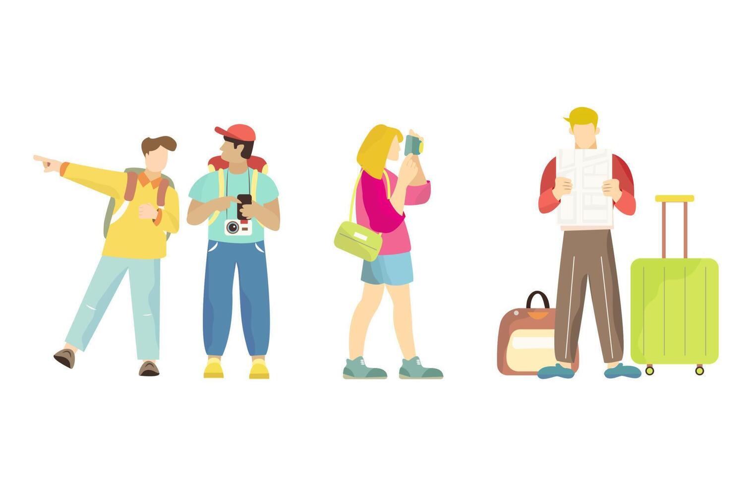 illustratie van op reis mensen met accessoires, camera's en koffers. toerist karakters. vector
