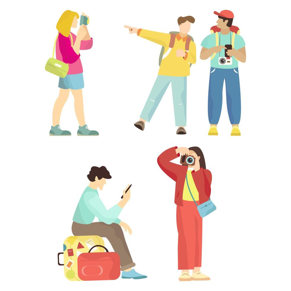 illustratie van op reis mensen met accessoires, camera's en koffers. toerist karakters. vector