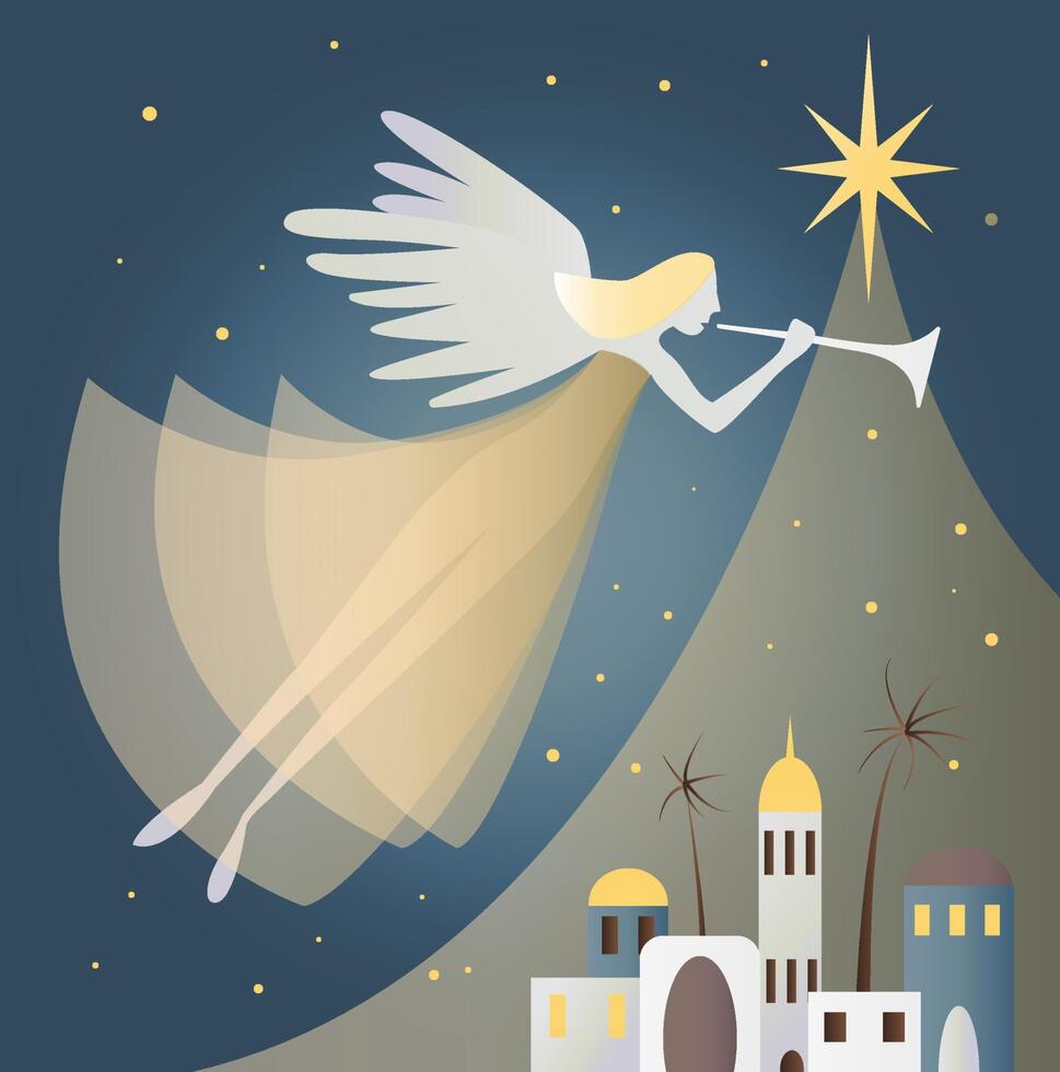 mooi elegant Kerstmis kaart met engel. engel van de stad Bij kerstmis. vector