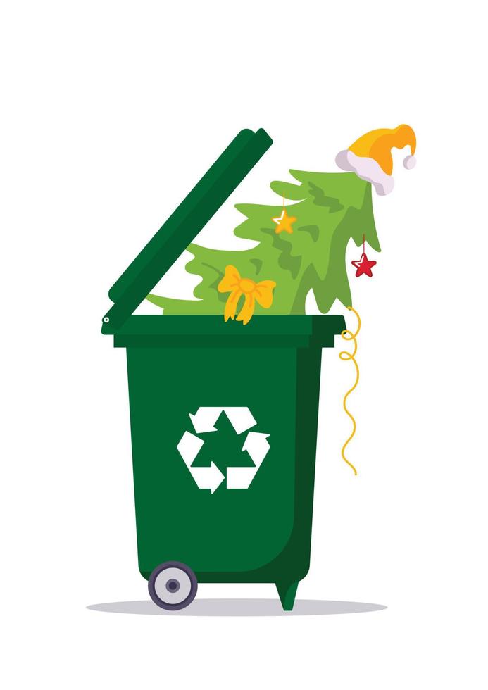 Kerstmis boom met slinger en de kerstman hoed in een bak met een recycling teken. post-vakantie schoonmaak. milieuvriendelijk vriendelijk, groen vakantie, redelijk consumptie. voor stickers, affiches, ansichtkaarten vector