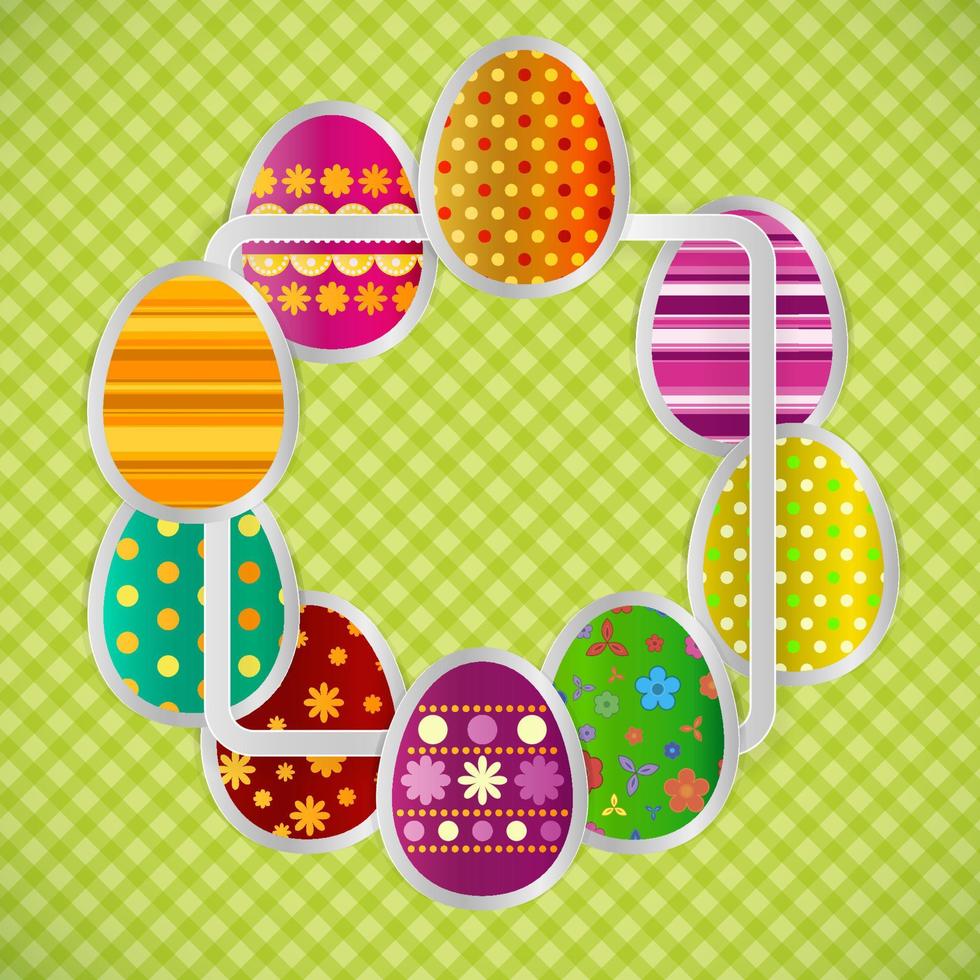 voorjaar groet achtergrond met Pasen eieren. feestelijk papier afbeeldingen van eieren Aan een plein licht kader. land stijl groen tafelkleed. vector groeten kaart met de gelukkig Pasen