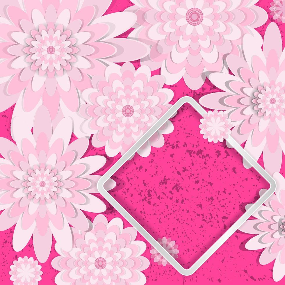 lente felicitatie bloemen achtergrond. feestelijke papieren bloemen op een vierkant licht frame. grunge helder roze achtergrond. vector wenskaart met een vakantie