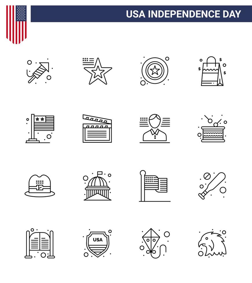 Verenigde Staten van Amerika onafhankelijkheid dag lijn reeks van 16 Verenigde Staten van Amerika pictogrammen van vlag Amerikaans mannen Verenigde Staten van Amerika zak bewerkbare Verenigde Staten van Amerika dag vector ontwerp elementen