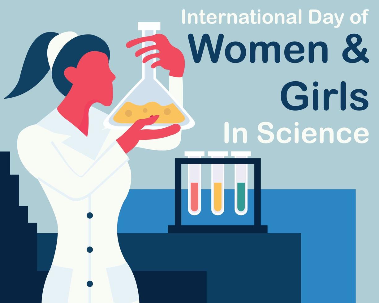 illustratie vector grafisch van een vrouw onderzoeker op zoek Bij een erlenmeyer fles, perfect voor Internationale dag, Dames en meisjes in wetenschap, vieren, groet kaart, enz.