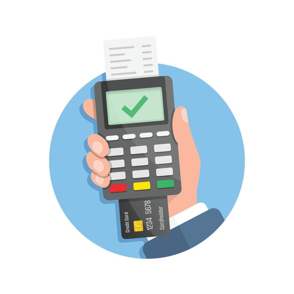 mannetje hand- Holding pos betaling machine icoon in vlak stijl. online betaling vector illustratie Aan geïsoleerd achtergrond. bank transactie teken bedrijf concept.