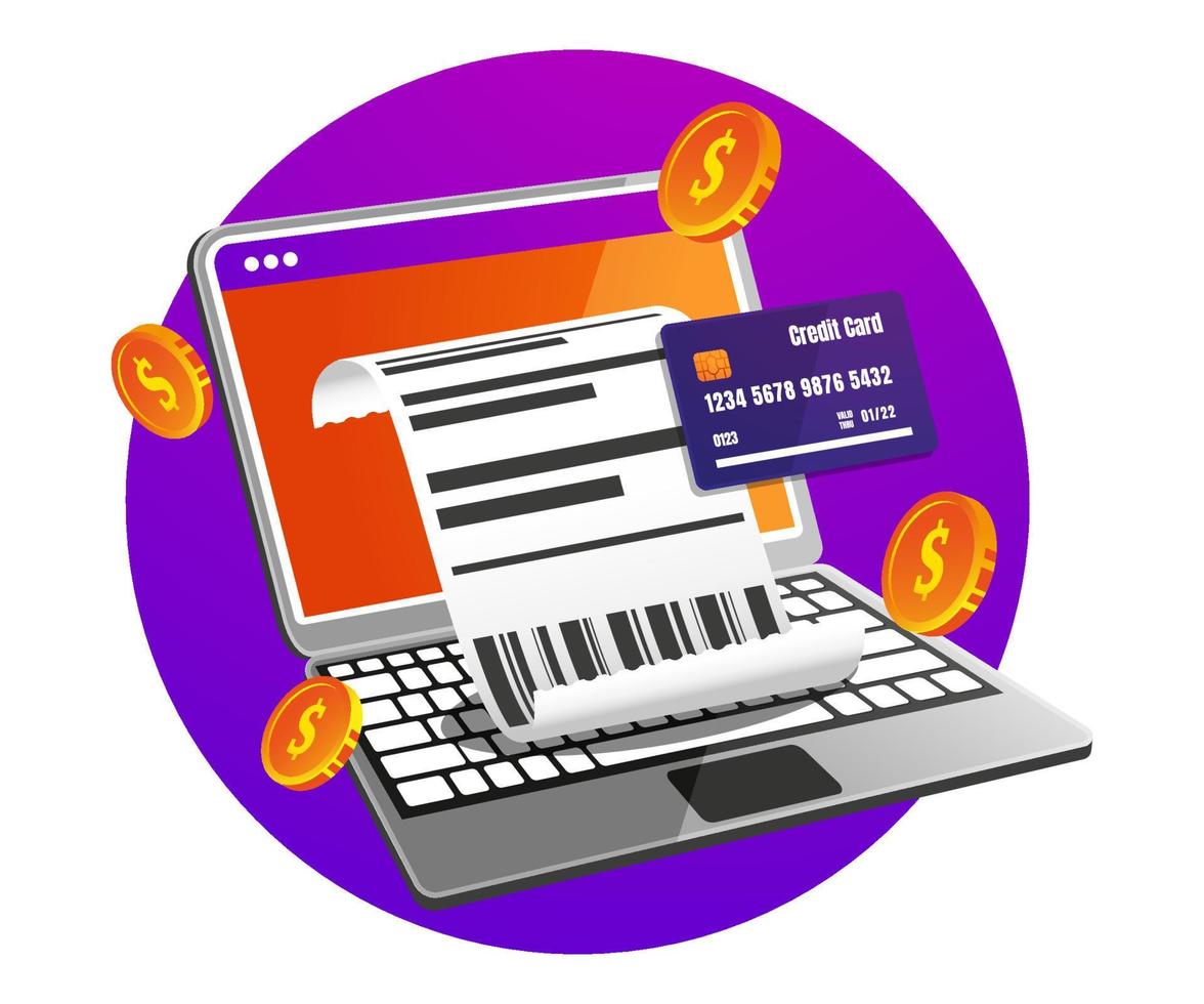 Bill van onkosten is Aan laptop, online boodschappen doen via laptop en credit kaart vector