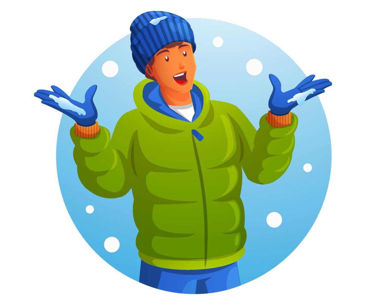 gelukkig Mens genieten van sneeuw Aan een besneeuwd dag in winter vector