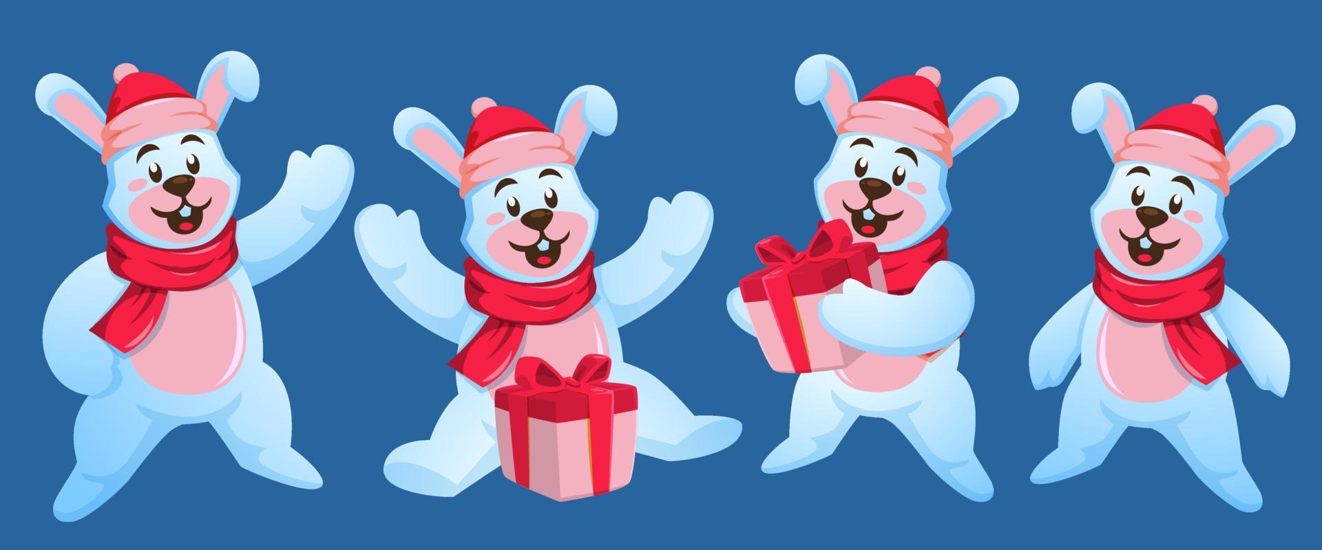 schattig Kerstmis konijn tekenfilm winter konijn reeks met de kerstman hoed, geschenk en sjaals vector