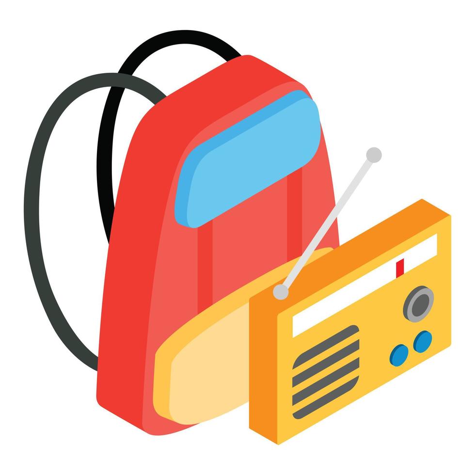 camping uitrusting icoon isometrische vector. oud wijnoogst radio en oranje rugzak vector