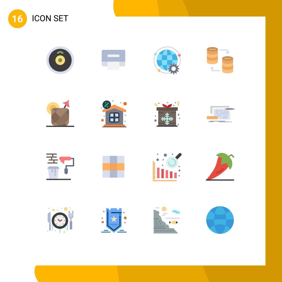 modern reeks van 16 vlak kleuren pictogram van sap delen wereld opslagruimte server bewerkbare pak van creatief vector ontwerp elementen