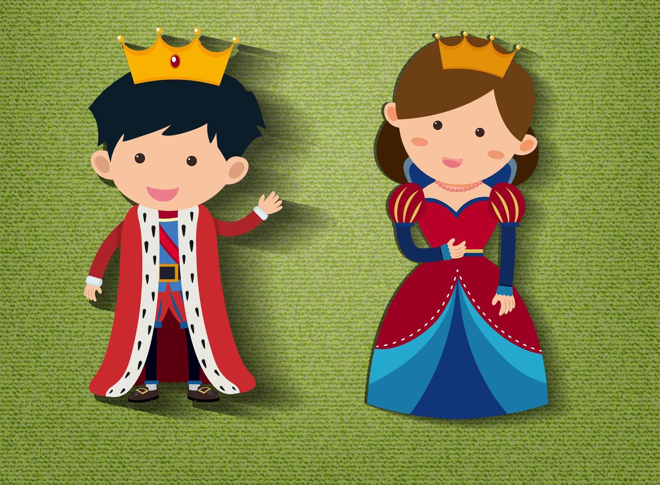 kleine koning en koningin stripfiguur op groene achtergrond vector