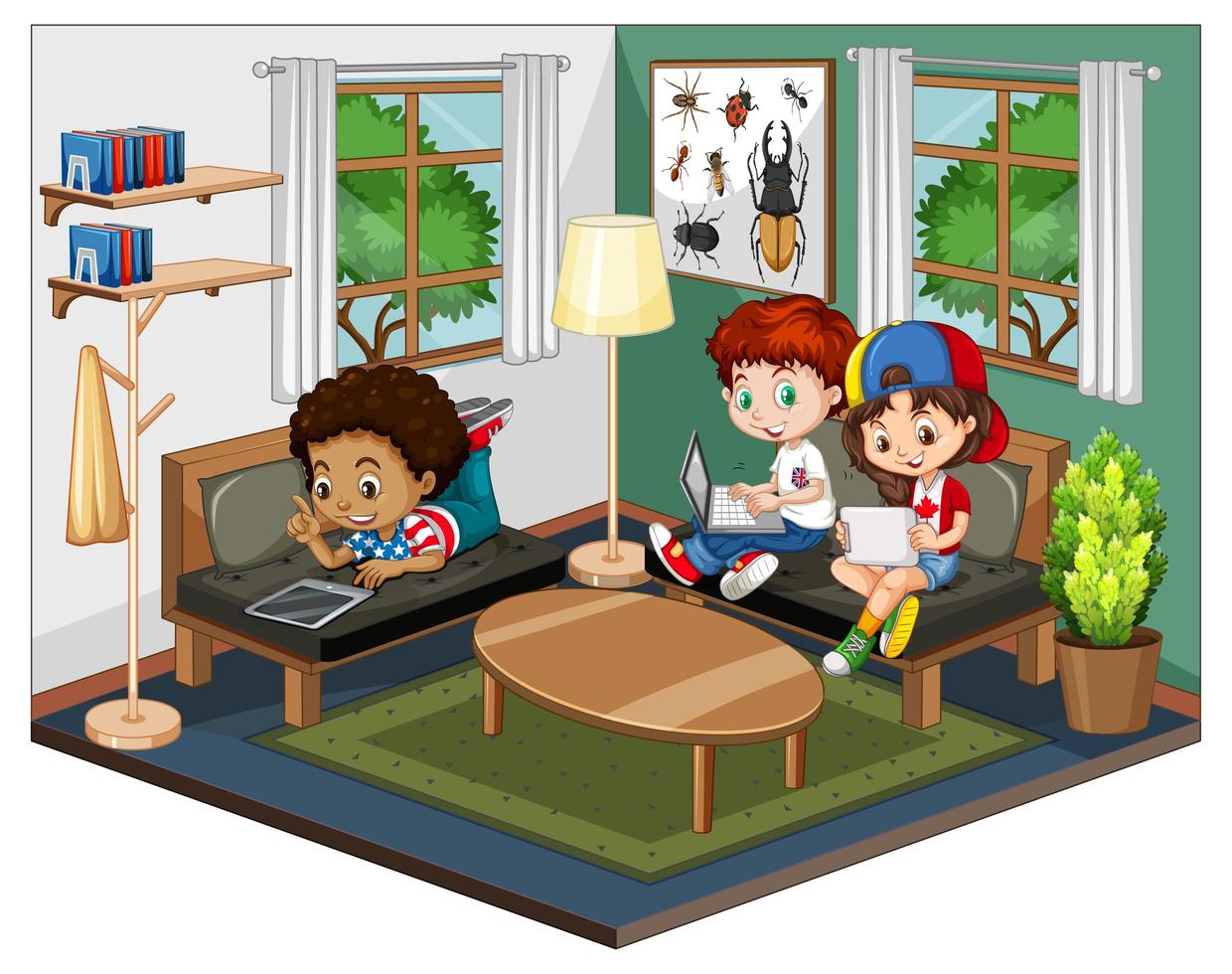 kinderen in de woonkamer in groene themascène op witte achtergrond vector