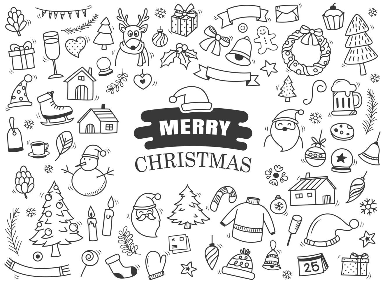 set van vrolijk kerstfeest doodle blad vector