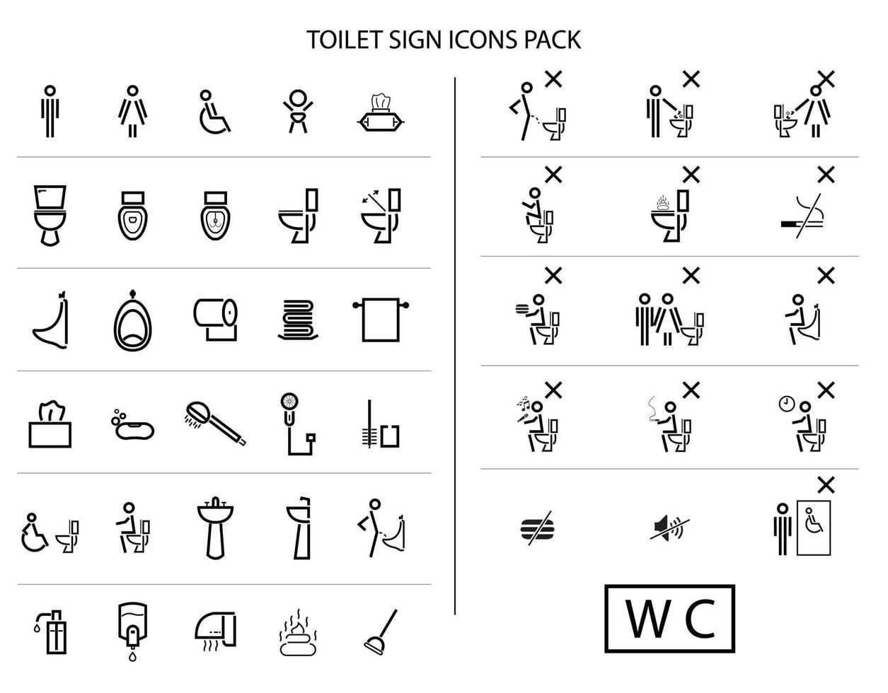 toilet tekens pak, badkamer pictogrammen set, vector pictogrammen pak, wc, gehandicapt pictogrammen, badkamer