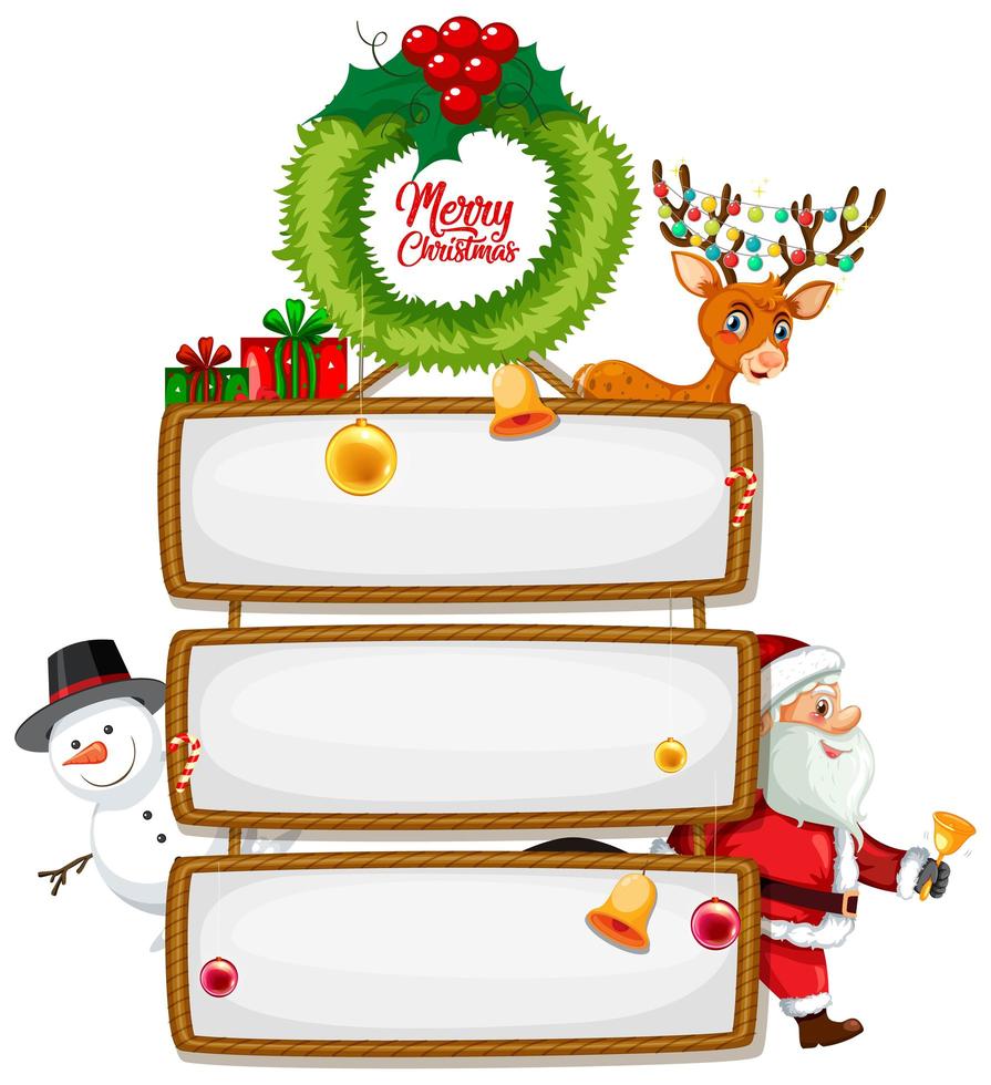 leeg houten bord met vrolijk kerstfeest lettertype logo met kerst stripfiguur op witte achtergrond vector