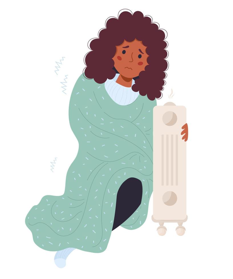 zwart verdrietig meisje verpakt in deken is bevriezing en genieten in de buurt heet radiator. vector illustratie. concept seizoen koud, lijden van laag graden temperatuur en en kamer warmte verwarming.