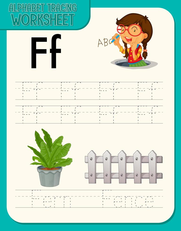 alfabet overtrekken werkblad met letter en woordenschat vector