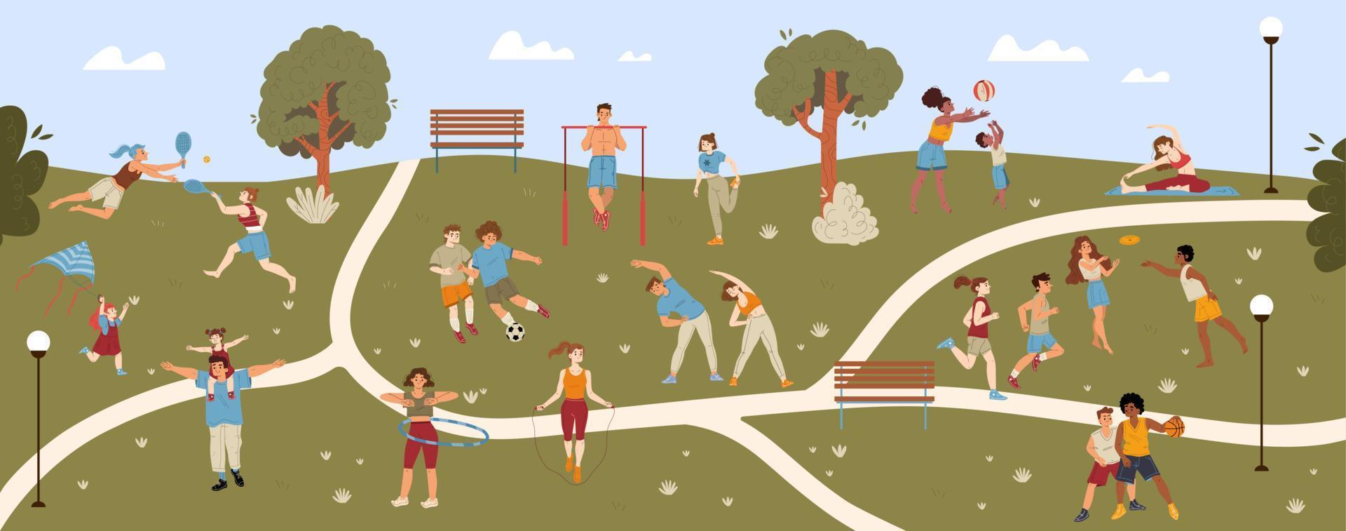 mensen buitenshuis activiteiten in park illustratie vector