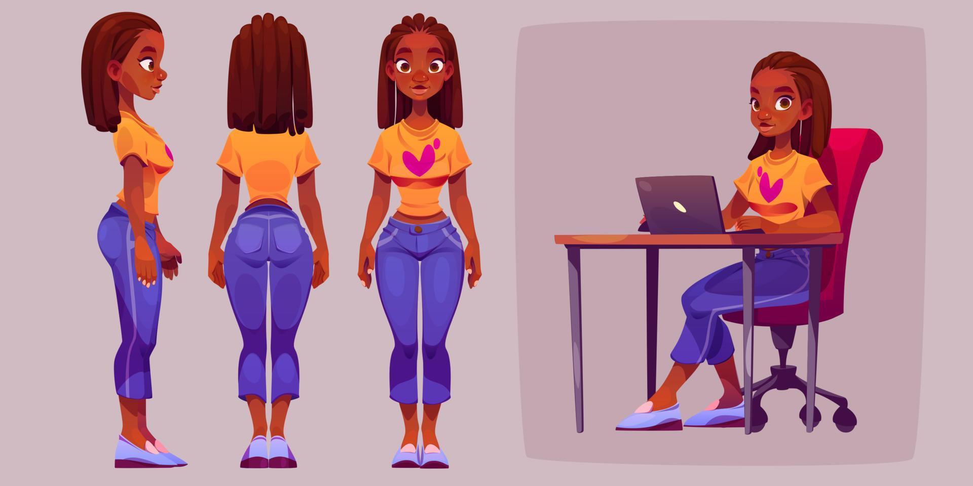 zwart vrouw, tekenfilm animatie karakter 2d reeks vector