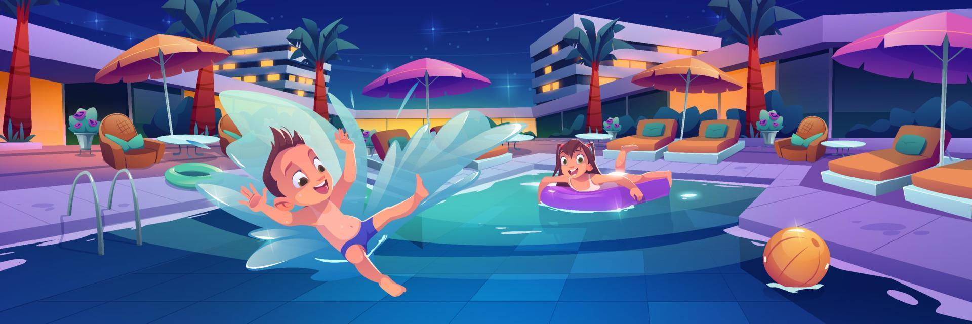 kinderen zwemmen en Speel in zwembad in luxe hotel vector