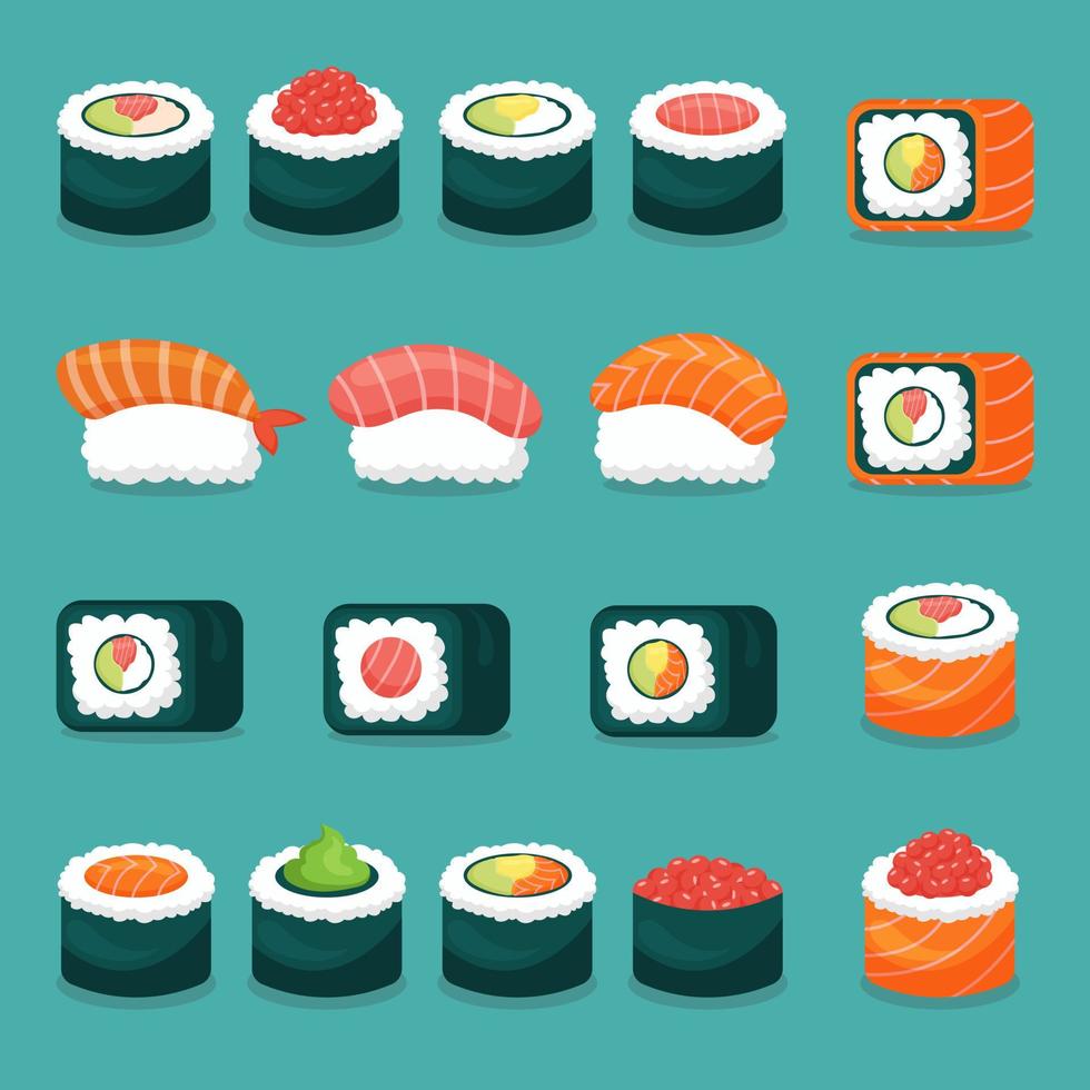 Japans sushi en broodjes pictogrammen. vector illustratie.