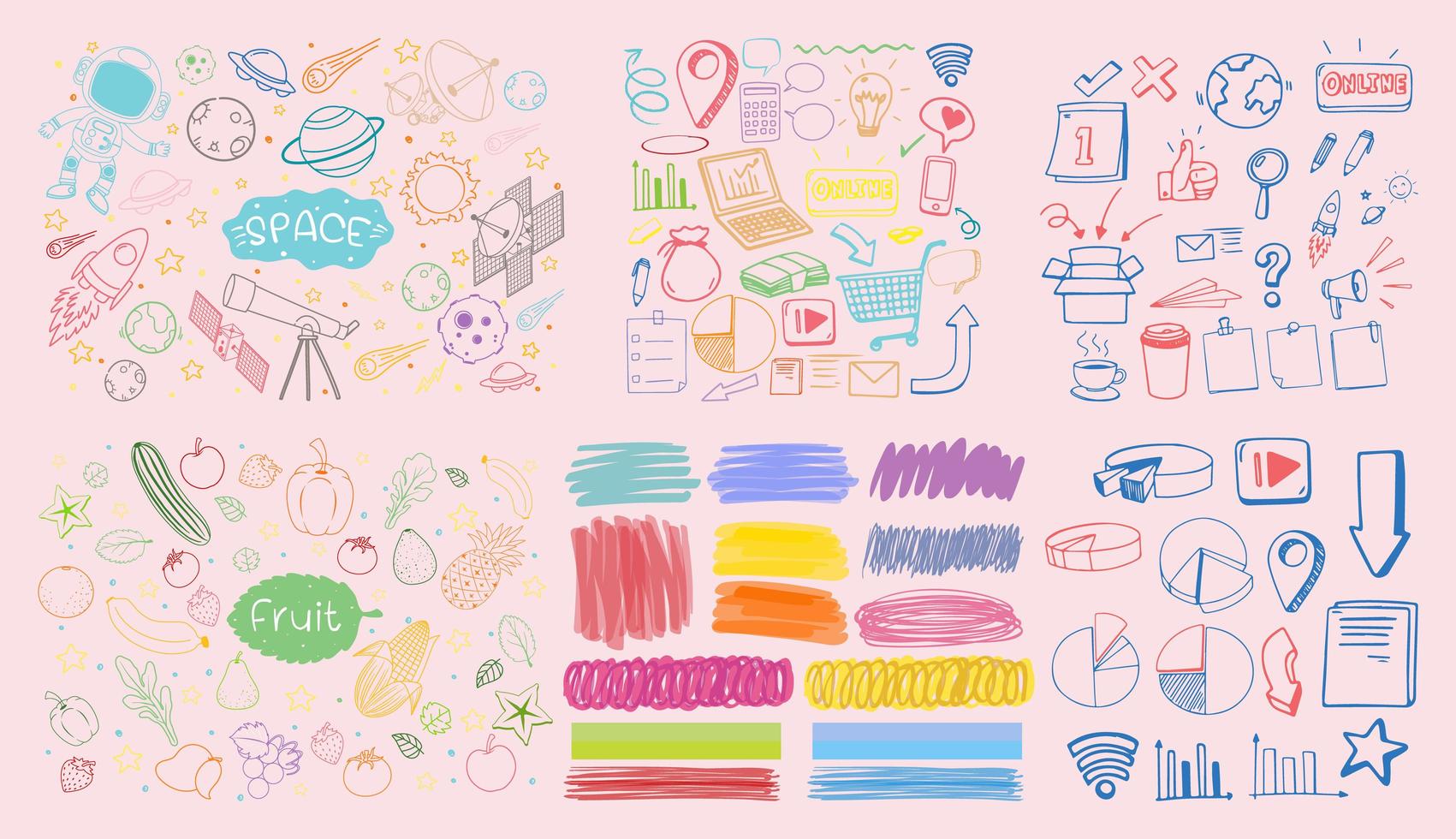 set van kleurrijke object en symbool hand getrokken doodle op roze achtergrond vector
