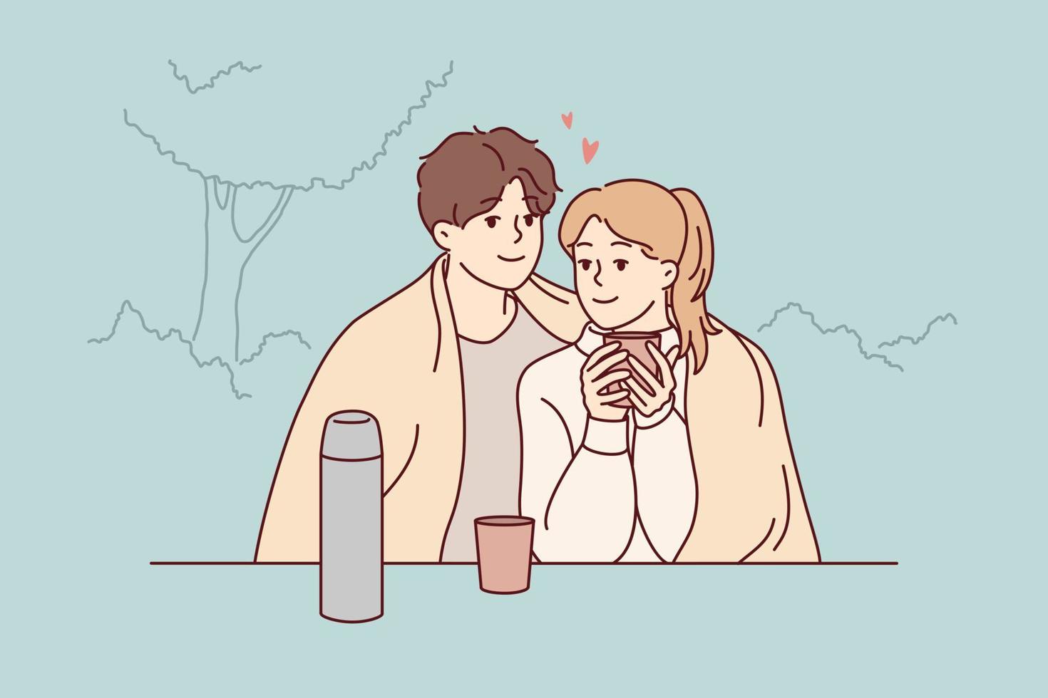 gelukkig paar zittend in park knuffelen drinken warm koffie genieten romantisch datum samen. glimlachen liefhebbend Mens en vrouw omhelzing knuffelen buitenshuis. vector illustratie.