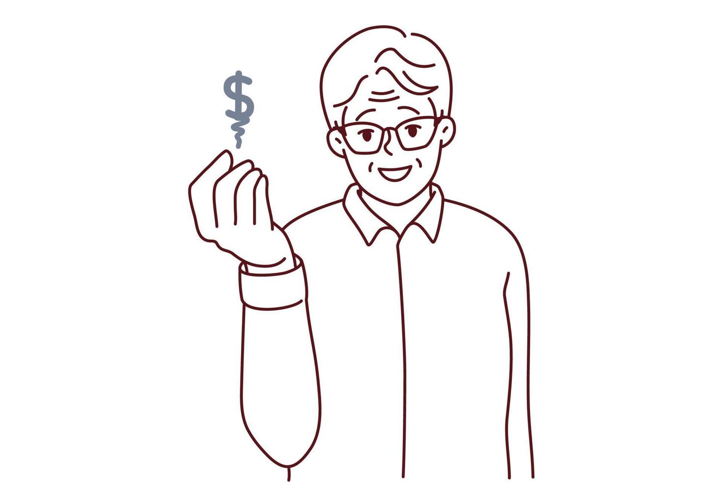 gelukkig ouderen Mens tonen dollar teken vector
