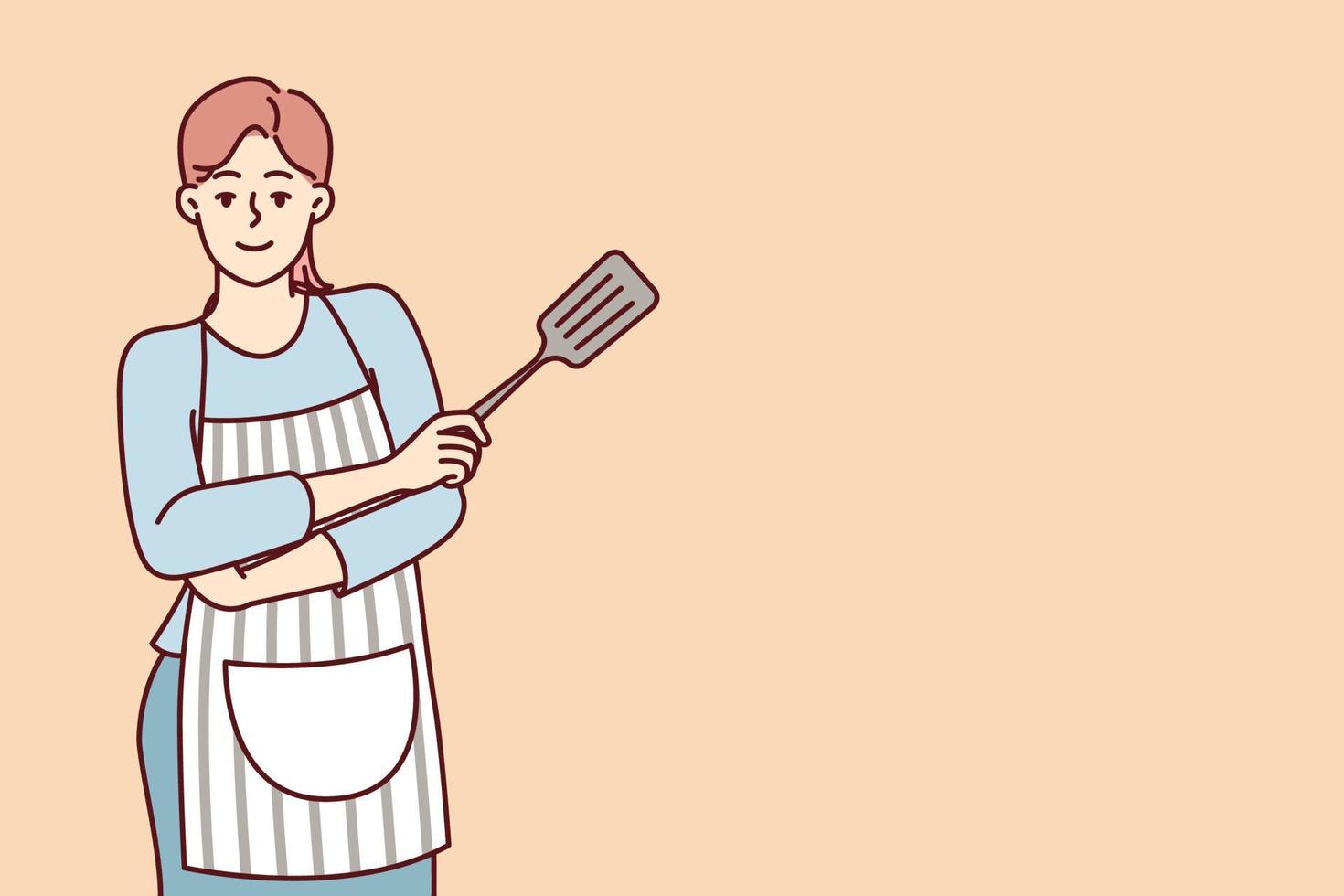 glimlachen vrouw huisvrouw staat met armen gekruiste in voorkant van borst met spatel voor Koken. dame eigengemaakt banketbakker of koken poseren in gestreept schort gedrapeerd over- gewoontjes kleren. vlak vector beeld