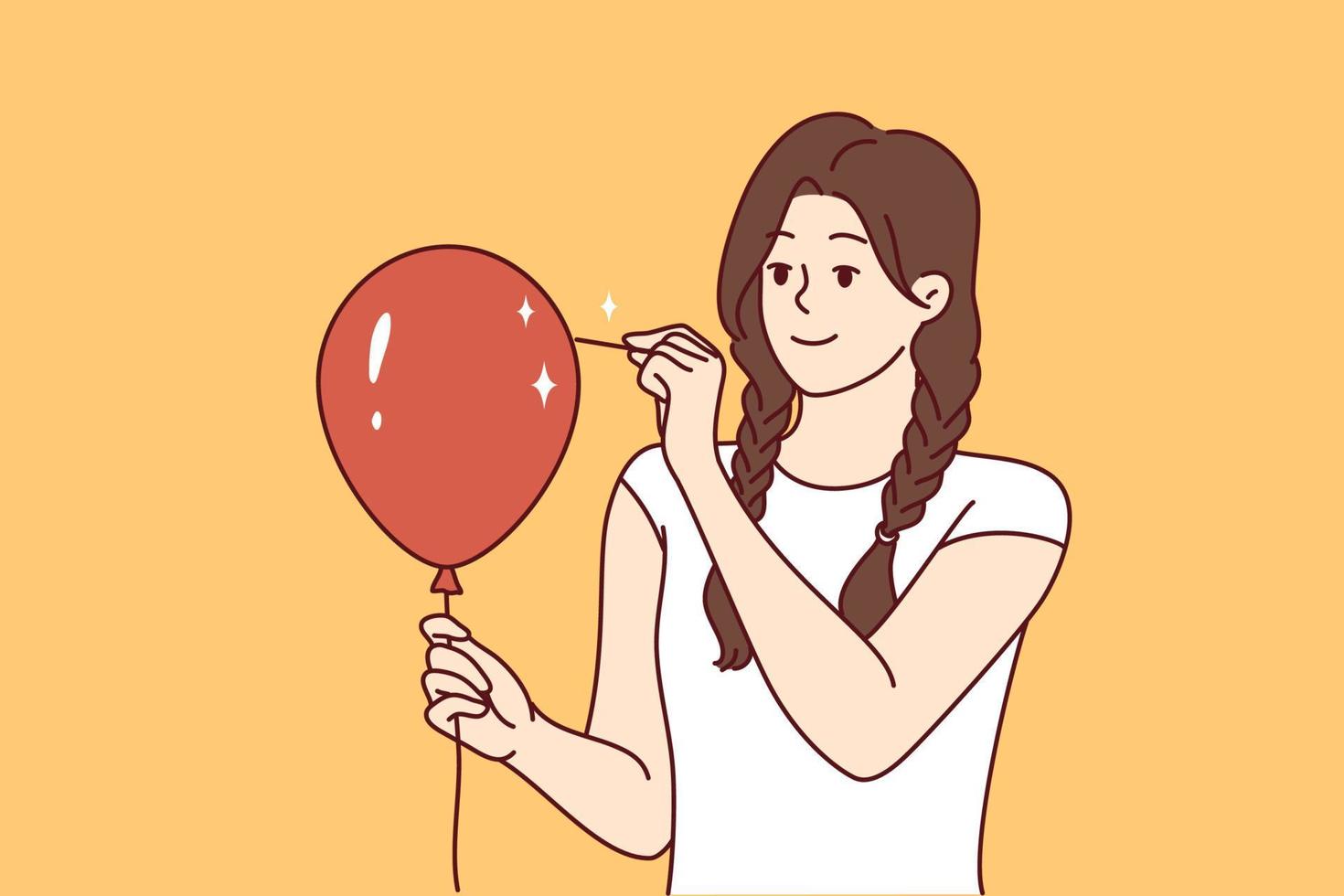 jong vrouw doorboort ballon met naald- en looks vooruit lachend. tiener meisje in gewoontjes kleren willen naar laten schrikken iemand wil naar barsten rood opblaasbaar ballon. vlak vector illustratie